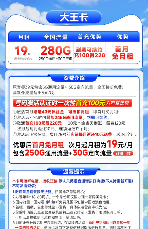 电信大王卡19元套餐图片