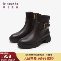 莱尔斯丹 le saunda冬时尚横饰扣圆头粗跟通勤段加绒短靴女靴4T49019V 深啡色 DBL 37