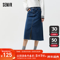 森马 Semir牛仔半身裙女高腰毛边复古百搭2024春显瘦开叉A字裙盐系 牛仔蓝灰88401 150/58A/XS