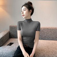 半高领短袖t恤女夏季2023新款针织螺纹打底衫中领黑色莫代尔上衣