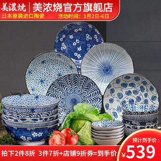 美浓烧 Mino Yaki）日本餐具套装釉下彩日式陶瓷蓝染家用碗盘碟组合 古染蓝绘套装20头