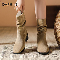 DAPHNE 达芙妮 西部牛仔堆堆靴子女2023新款秋复古绒面短靴粗跟马丁靴女鞋