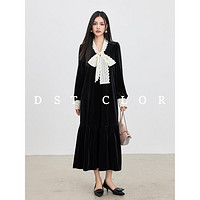 DSTCLOR· 尘色 新款气质优雅显瘦遮肉拼接系带领长袖裙子