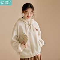茵曼（INMAN）冬女装新简约休闲宽松胸前花朵设计羊羔绒外套【F18248000】 米杏色 M