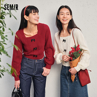 森马（Semir）毛衣女短款方领蝴蝶结修身针织衫2024春质感肌理新年红色内搭 奶白10501 165/88A/L