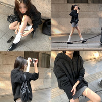 QIQUYU奇趣鱼 慵懒风毛衣外套男秋冬美式复古宽松灰色连帽针织衫