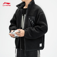 LI-NING 李宁 羊羔绒外套男冬季反伍开衫高领加绒加厚保暖摇粒绒棉服 纯黑色 XXL/185