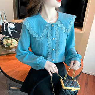 红蜻蜓 RED DRAGONFLY 衬衫女春季韩版时尚显瘦百搭长袖娃娃脸蕾丝女装打底上衣 蓝色 L