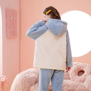 芬腾睡衣女冬珊瑚绒连帽长袖双面南芙泡绒家居服套装睡衣 米杏 XXL
