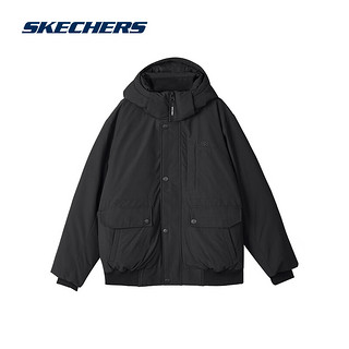 斯凯奇（Skechers）羽绒服男冬保暖气质通勤百搭连帽羽绒外套 碳黑/0018 L