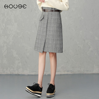 KOOGE 蔻戈 高腰毛呢格子半身裙女冬季2023中长裙呢子中裙秋冬复古包臀裙