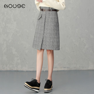 KOOGE 蔻戈 高腰毛呢格子半身裙女冬季2023中长裙呢子中裙秋冬复古包臀裙