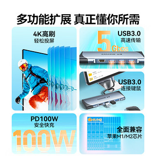山泽 Type-C扩展坞USB-C转HDMI转换器USB3.0分线器PD快充 适用苹果Mac华为联想笔记本收纳款拓展坞 DK-S05