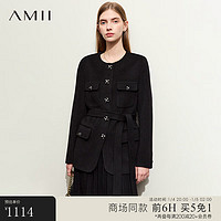 AMII 2023冬圆领撞色花朵扣配腰带全羊毛双面呢女香风毛呢外套 黑色 155/80A/S