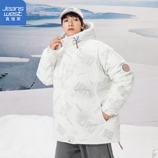 JEANSWEST 真维斯 保暖羽绒服时尚条纹印花外套冬季休闲港风连帽上衣款山系工装 白色 M