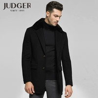 庄吉（Judger）冬季磨毛厚款男士羊毛呢子大衣中长款毛呢外套可拆獭兔毛领 黑色 190/108A