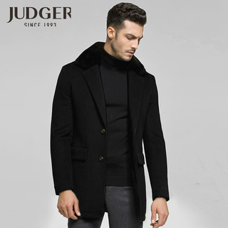 庄吉（Judger）冬季磨毛厚款男士羊毛呢子大衣中长款毛呢外套可拆獭兔毛领 黑色 190/108A