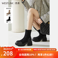 WESTLINK 西遇 弹力瘦瘦靴女冬拼接圆头切尔西靴增高粗跟短靴 黑色 35