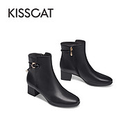 KISSCAT 接吻猫 冬季新款通勤优雅加绒短靴舒适圆头中粗跟质感羊皮时装靴女