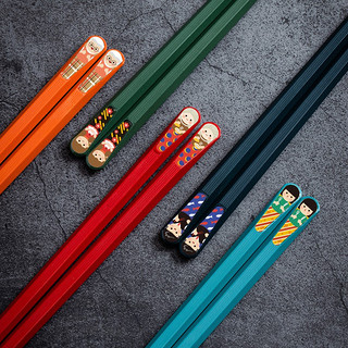 拾画 合金筷子 家用不锈不发霉日式斜头防滑筷 多彩分食筷5双装