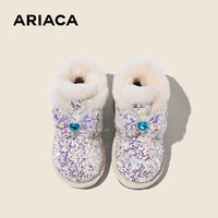Ariaca艾芮苏女童雪地靴儿童水晶公主短靴小女孩棉鞋 米色 加绒 29码 内长18.0