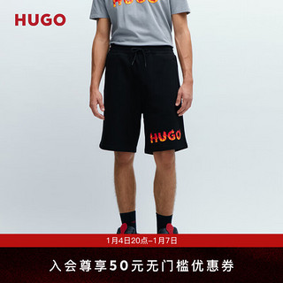 HUGO男士2024早春立体火焰徽标棉质毛圈布短裤 001-黑色 EU:S