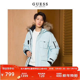 GUESS 盖尔斯 秋男士工装风夹克貉子毛领连帽中长款羽绒服-M2BL968105Z G7S1-浅蓝色 L