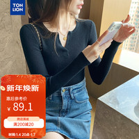 唐狮 TONLION女V领净色长袖打底衫WP 黑色 M