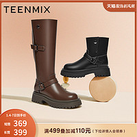 TEENMIX 天美意 厚底骑士靴加绒长靴机车西部靴子女冬时装复古短靴