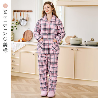 美标 MEIBIAO三层加厚保暖夹棉纯棉睡衣套装女秋冬格子全棉家居服 粉红 L(165/88A)