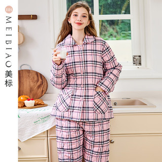 美标 MEIBIAO三层加厚保暖夹棉纯棉睡衣套装女秋冬格子全棉家居服 粉红 L(165/88A)