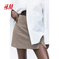 H&M女装半身裙学院风法式修身迷你小开叉短裙1195395 深棕色/图案 155/64A (XS)