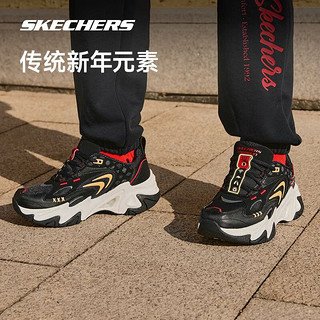 SKECHERS 斯凯奇 秦霄贤同款机甲鞋三代龙年男女同款老爹鞋800022 女款-黑色/白色/金色/BWGD 37