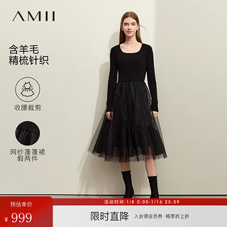 AMII2023冬法式复古U领方领撞料拼接网纱假两件连衣裙女 黑色 165/88A/L