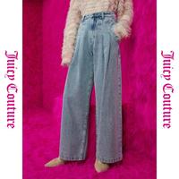 Juicy Couture橘滋【美式复古水洗】个性休闲logo压印折裥阔腿女式牛仔裤