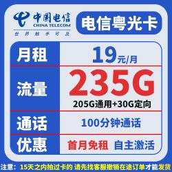 CHINA TELECOM 中国电信 粤光卡 19元月租（235G全国流量+100分钟通话+40元体验金）赠无线耳机/充电宝