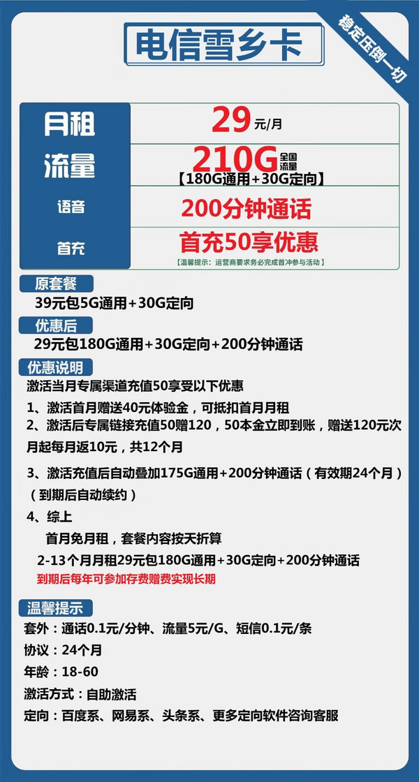 CHINA TELECOM 中国电信 雪乡卡  29元月租（210G全国流量+200分钟通话+首月免租）