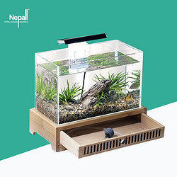 Nepall 小型桌面观赏鱼缸 (长28CM) 裸缸及中式木盒底座 适合办公室 家用客厅 迷你创意超白玻璃水族箱