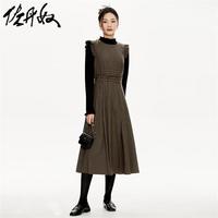 佐丹奴裙子女秋冬小格纹荷叶边绑带圆领背心连衣裙女18463632 87棕咖小格 L