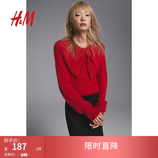                                                                                 H&M【新年系列】女装毛针织衫2024春季蝴蝶结毛茸套衫1213182 红色 155/80A