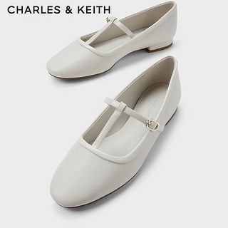 CHARLES&KEITH24春季CK1-70900508法式T字带浅口平底玛丽珍鞋 粉白色Chalk 37