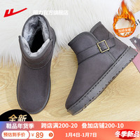 回力雪地靴女棉鞋冬季女鞋加绒加厚短靴子女靴皮面保暖面包鞋 灰色【时尚搭扣款】 35