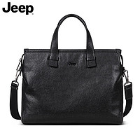 Jeep 吉普 商务公文包男士手提包真皮大容量时尚办公包横款单肩斜挎包 黑色 生日礼物送男友送父亲
