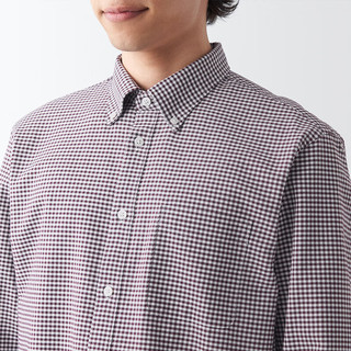 無印良品 MUJI  無印良品  男式 棉水洗牛津纽扣领衬衫 长袖休闲百搭衬衣外套 深紫红色格纹 L（175/100A）
