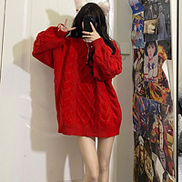 BTTKDL法式高级红色针织新年战袍女秋冬季小个子打底内搭麻花毛衣  XL
