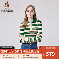 Hush Puppies暇步士女装2024春复古Polo领纯棉条纹针织毛衣女 358绿白 XL