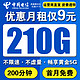 中国电信 大神卡：不限速、长期套餐、无合约、低月租9元210G流量+首免+200分钟+20年