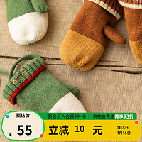 papa爬爬冬季儿童手套拼色加绒毛线针织男女宝宝保暖可爱洋气潮 绿色 17cm×8.5cm