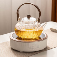 瓷牌茗茶具电陶炉煮茶器加厚耐热玻璃煮茶壶家用小型养生烧水泡茶煮茶炉 透明菊瓣煮茶提梁壶+白竖雅电炉