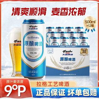 tianhu 天湖啤酒 天湖天湖啤酒9度原酿黄啤拉格工艺500ml易拉罐装啤酒12瓶整箱500mL 12罐